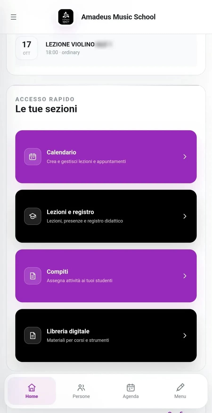 App Amadeus: home dell'area docente