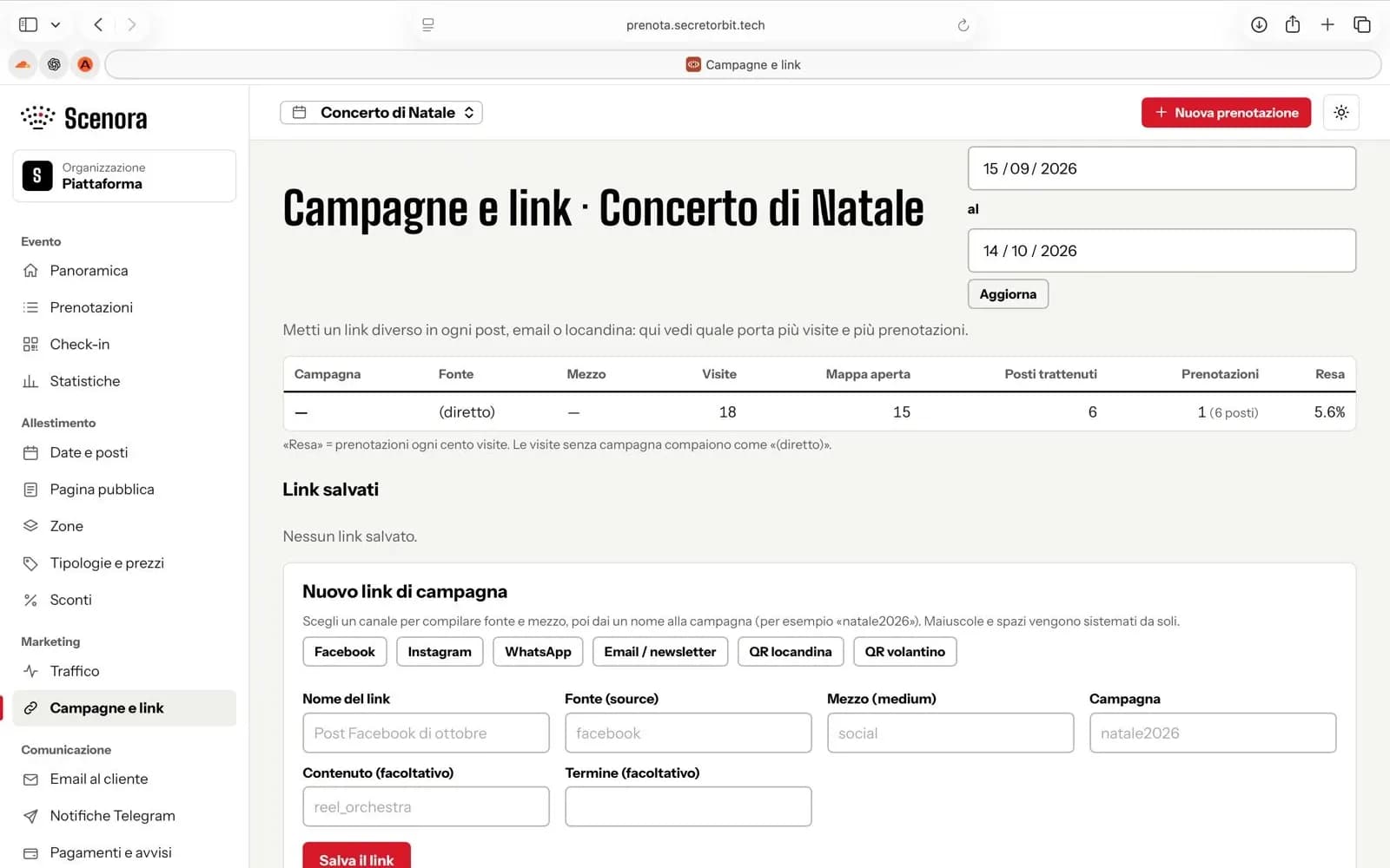 Pannello di Scenora: campagne e link