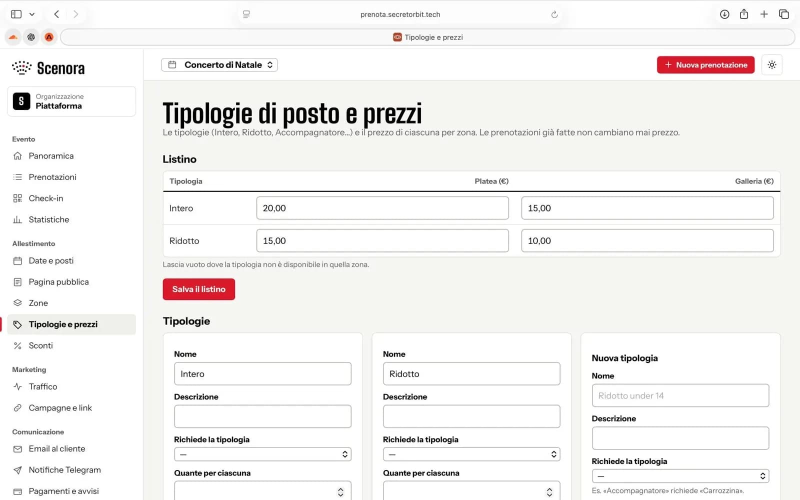 Pannello di Scenora: tipologie di posto e prezzi